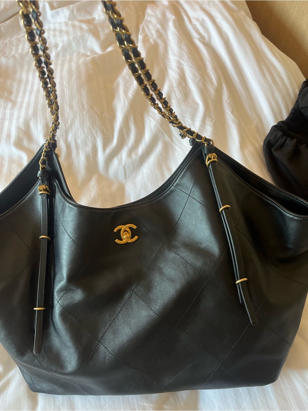 CHANEL Black Quilted Leather Shoulder Tote with Gold CC Hardware